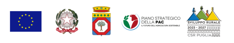 Loghi del programma: Unione europea, Repubblica Italiana, Regione Puglia, Piano strategico della PAC, Sviluppo rurale 2023-2027